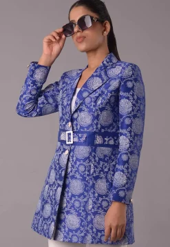 Block Printed Dupion Silk Jacket in Royal Blue