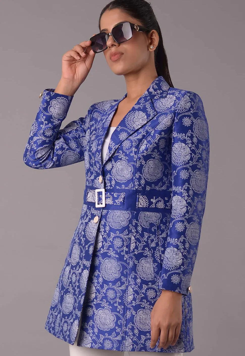 Block Printed Dupion Silk Jacket in Royal Blue