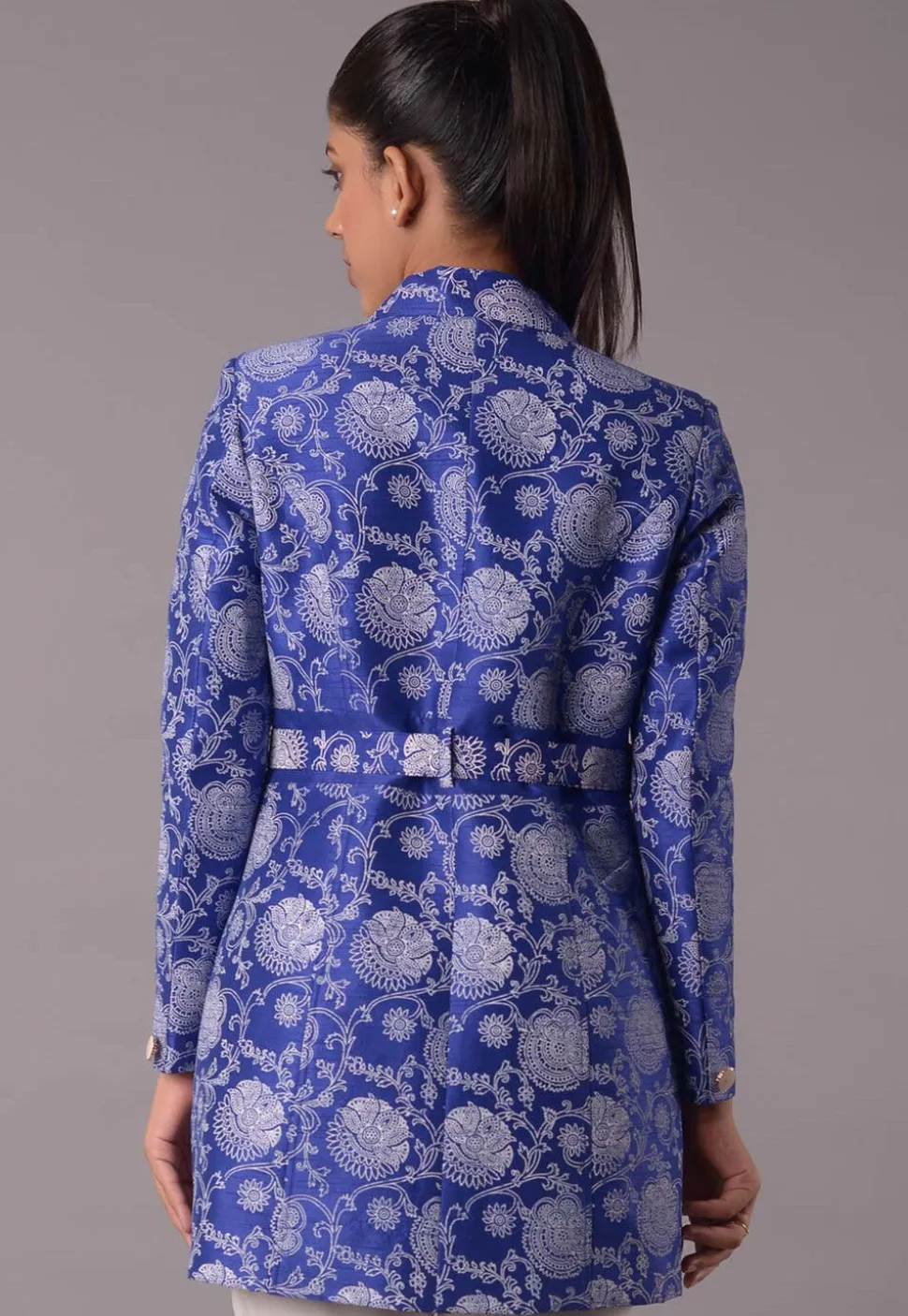 Block Printed Dupion Silk Jacket in Royal Blue