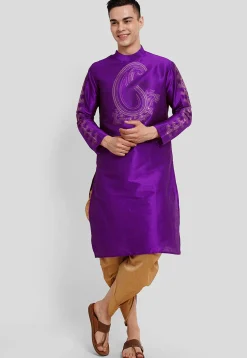 Block Printed Dupion Silk Kurta Set in Purple
