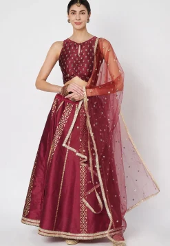 Block Printed Dupion Silk Lehenga in Maroon