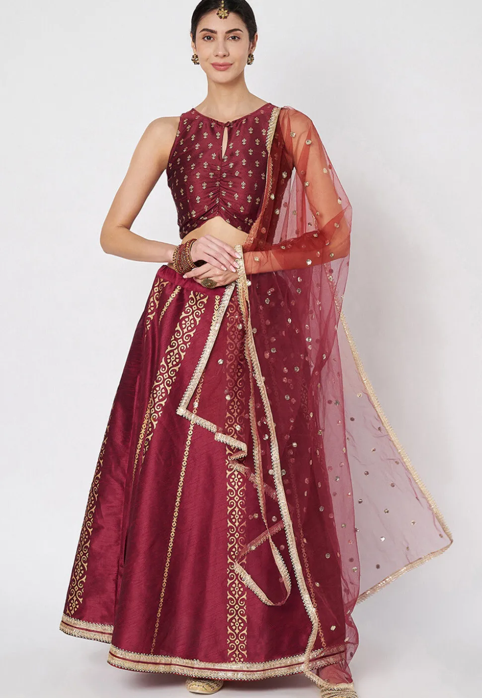 Block Printed Dupion Silk Lehenga in Maroon