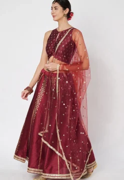 Block Printed Dupion Silk Lehenga in Maroon