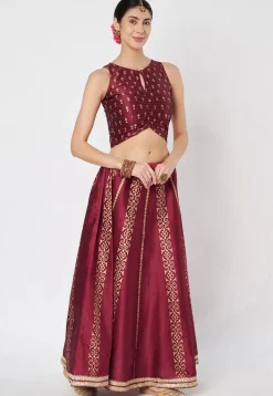 Block Printed Dupion Silk Lehenga in Maroon