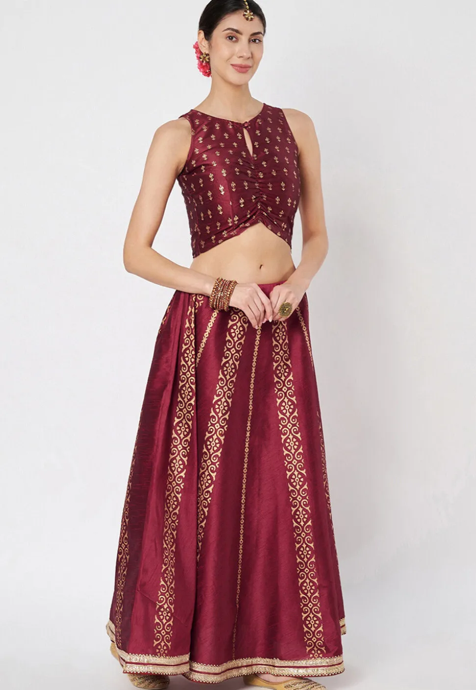 Block Printed Dupion Silk Lehenga in Maroon