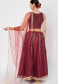 Block Printed Dupion Silk Lehenga in Maroon