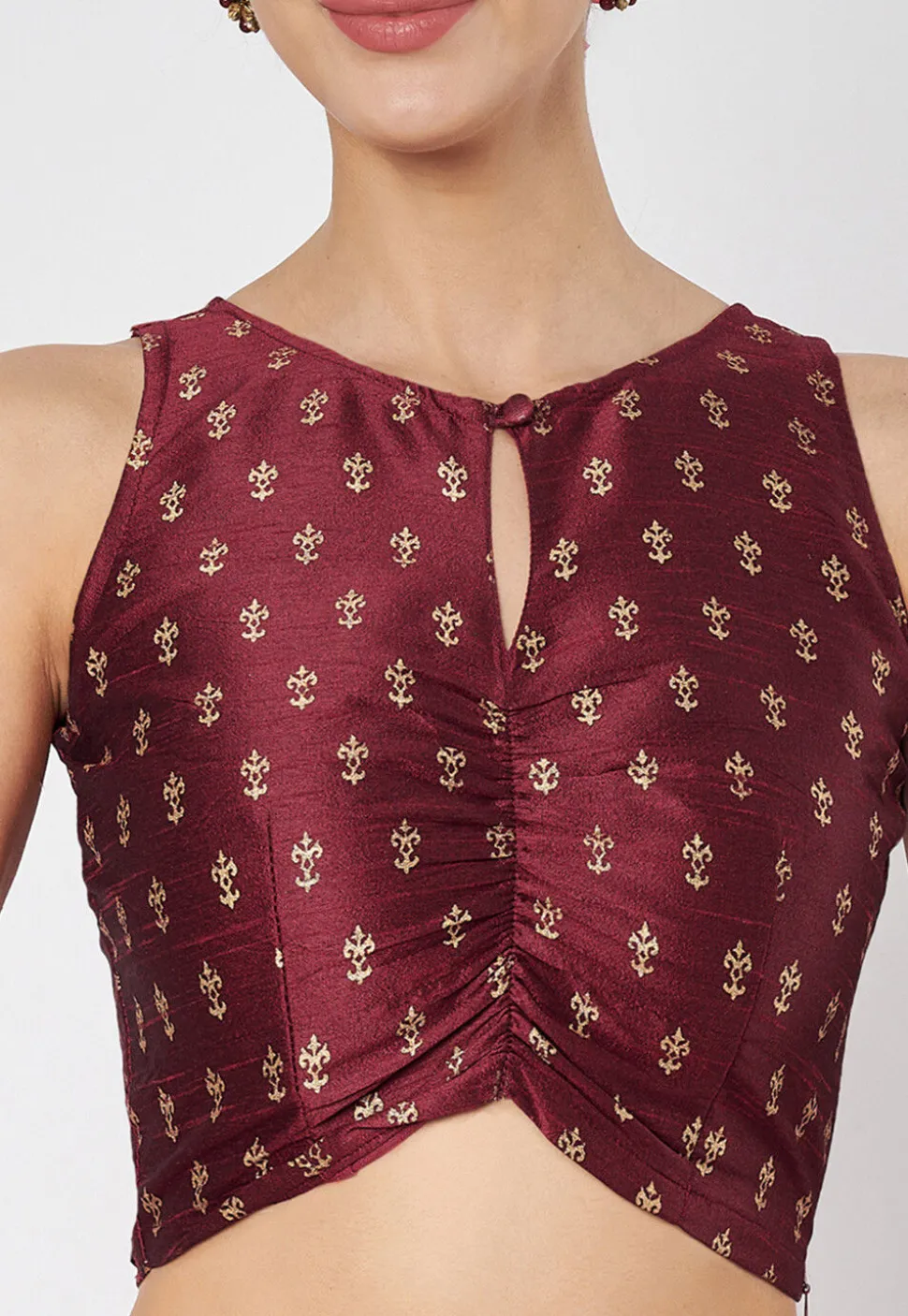 Block Printed Dupion Silk Lehenga in Maroon