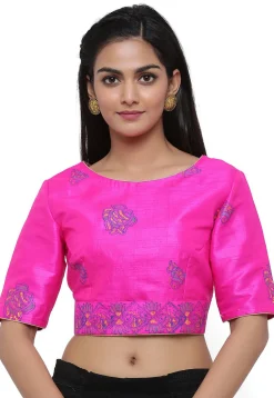 Block Printed Dupion Silk Blouse in Fuchsia