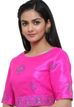 Block Printed Dupion Silk Blouse in Fuchsia