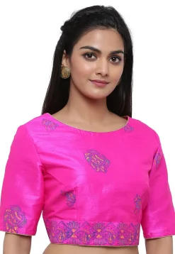 Block Printed Dupion Silk Blouse in Fuchsia
