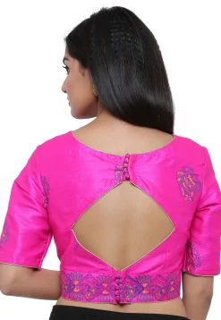 Block Printed Dupion Silk Blouse in Fuchsia