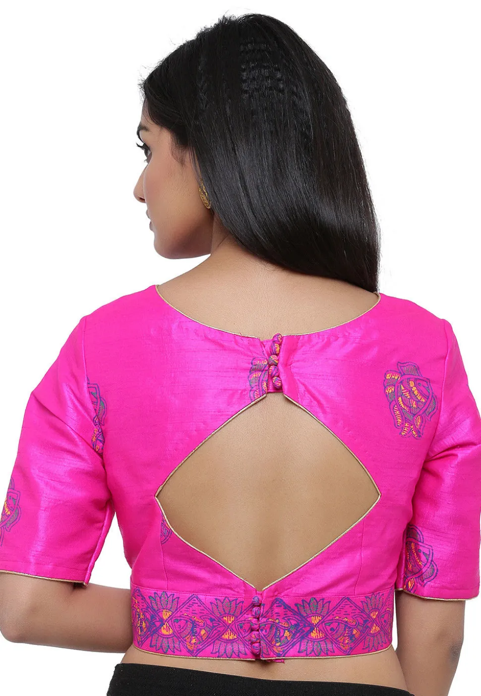 Block Printed Dupion Silk Blouse in Fuchsia