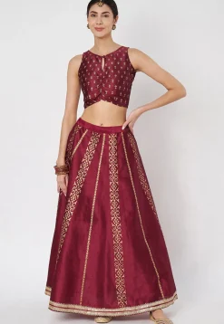 Block Printed Dupion Silk Skirt in Maroon