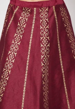Block Printed Dupion Silk Skirt in Maroon