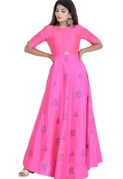 Block Printed Dupion Silk Abaya Style Suit in Pink