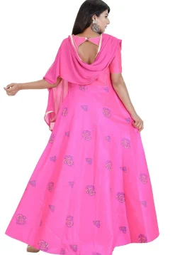Block Printed Dupion Silk Abaya Style Suit in Pink