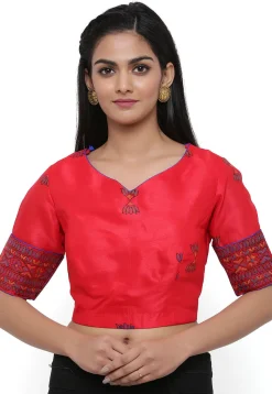 Block Printed Dupion Silk Blouse in Red