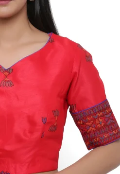 Block Printed Dupion Silk Blouse in Red
