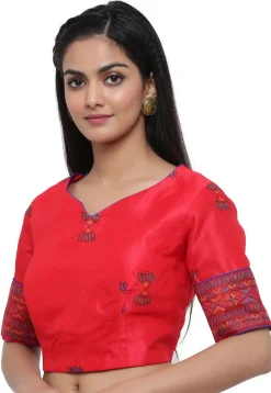Block Printed Dupion Silk Blouse in Red