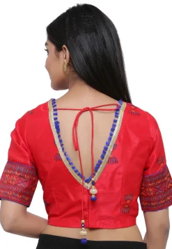 Block Printed Dupion Silk Blouse in Red