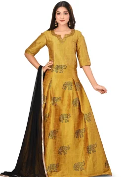 Block Printed Dupion Silk Abaya Style Suit in Mustard