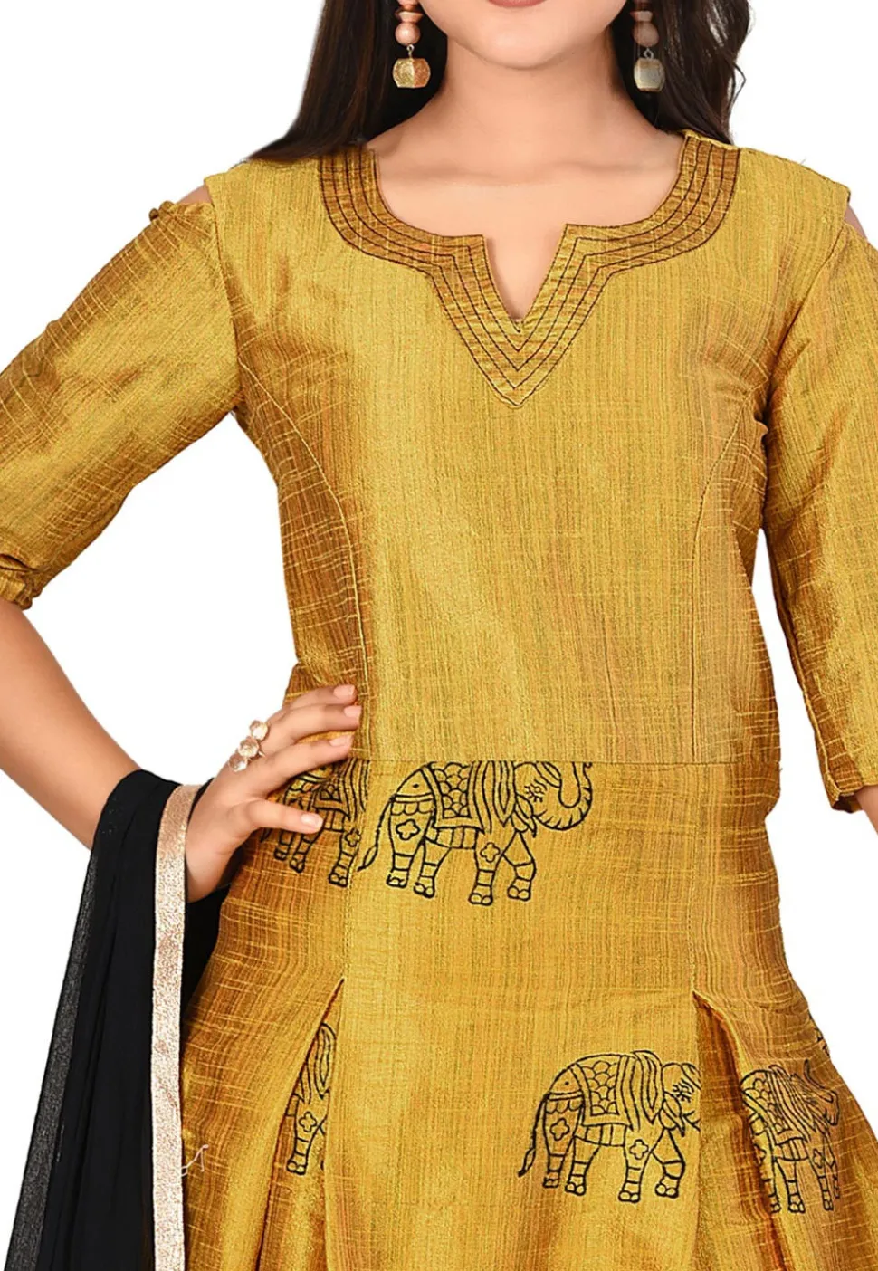 Block Printed Dupion Silk Abaya Style Suit in Mustard