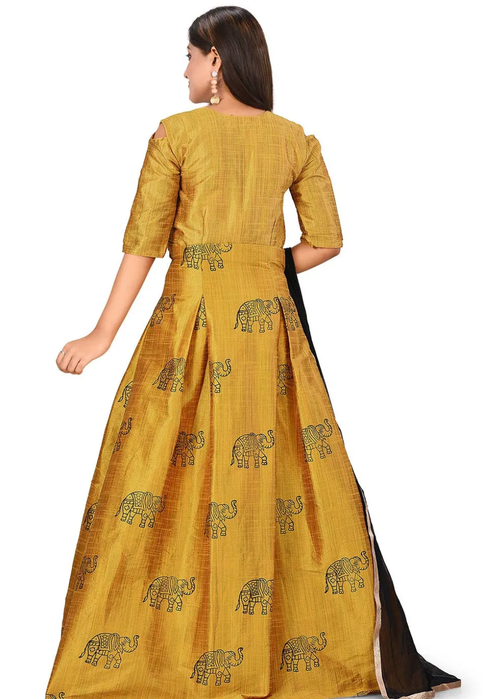Block Printed Dupion Silk Abaya Style Suit in Mustard