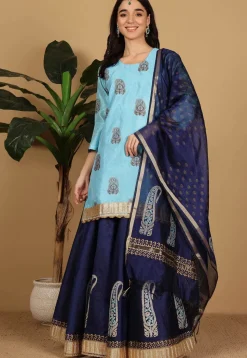 Block Printed Dupion Silk Lehenga in Navy Blue