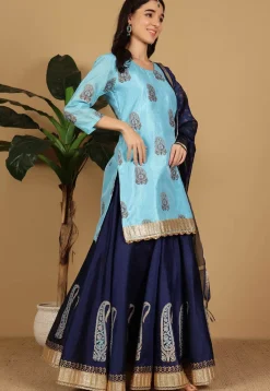 Block Printed Dupion Silk Lehenga in Navy Blue