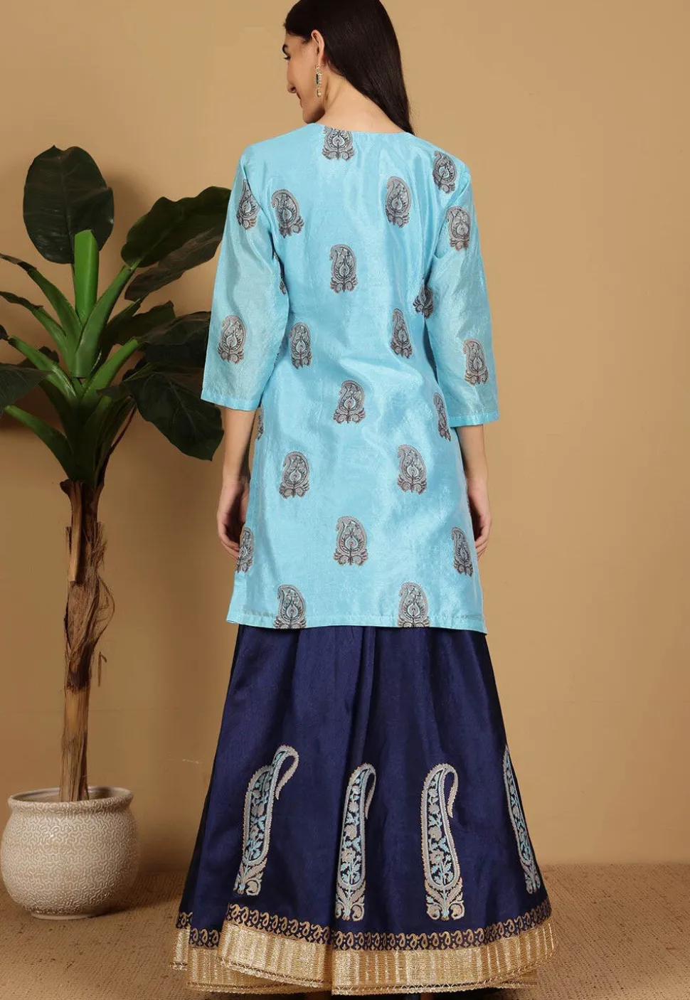 Block Printed Dupion Silk Lehenga in Navy Blue