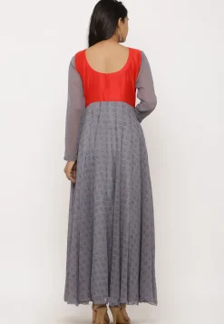 Block Printed Georgette Anarkali Suit in Grey