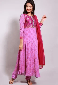 Block Printed Georgette A Line Suit in Pink