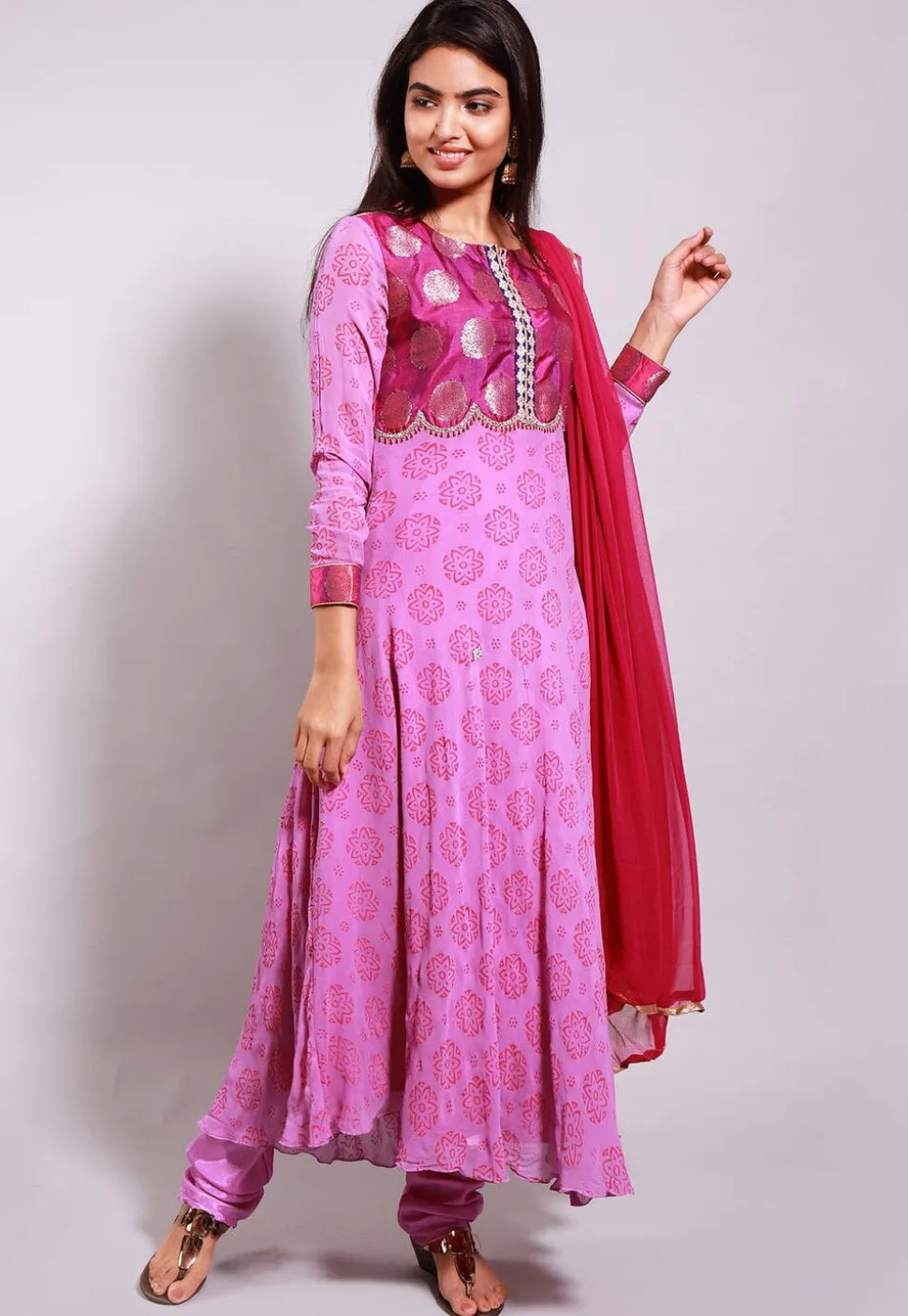 Block Printed Georgette A Line Suit in Pink