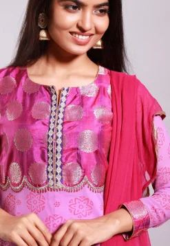 Block Printed Georgette A Line Suit in Pink