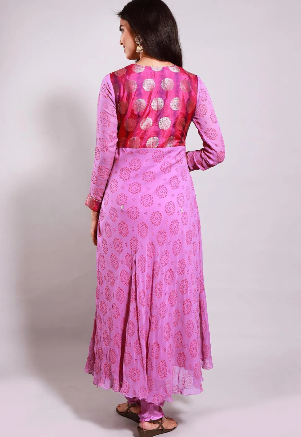 Block Printed Georgette A Line Suit in Pink
