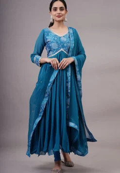 Block Printed Georgette Aline Suit in Teal Blue