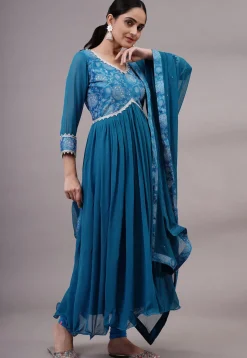 Block Printed Georgette Aline Suit in Teal Blue