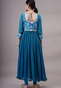 Block Printed Georgette Aline Suit in Teal Blue