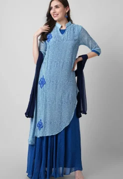 Block Printed Georgette Layered Abaya Style Suit in Blue