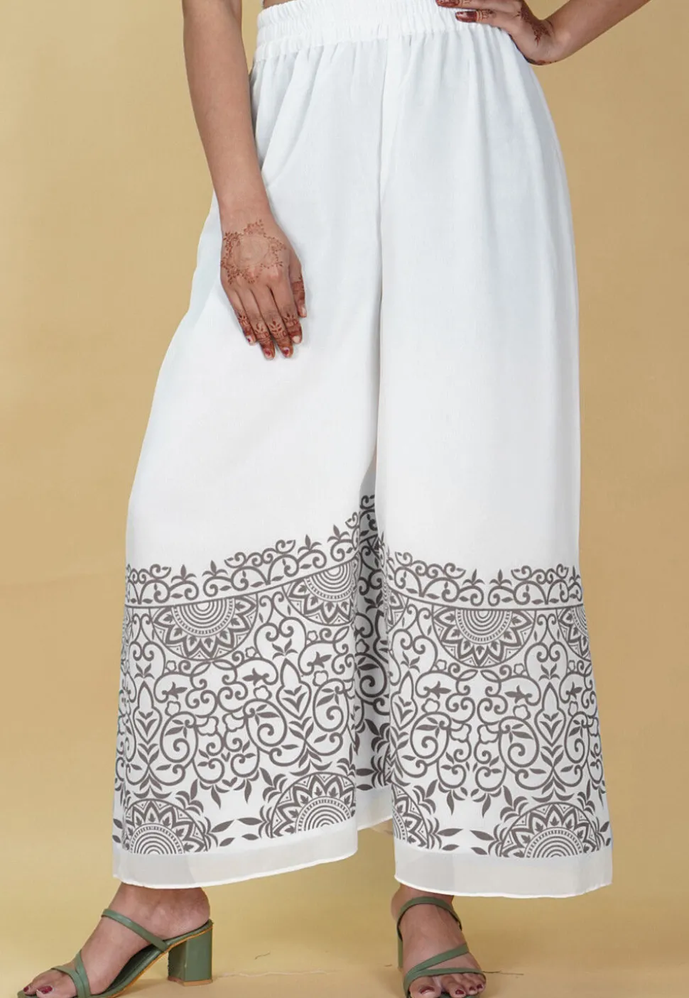 Block Printed Georgette Palazzo in White
