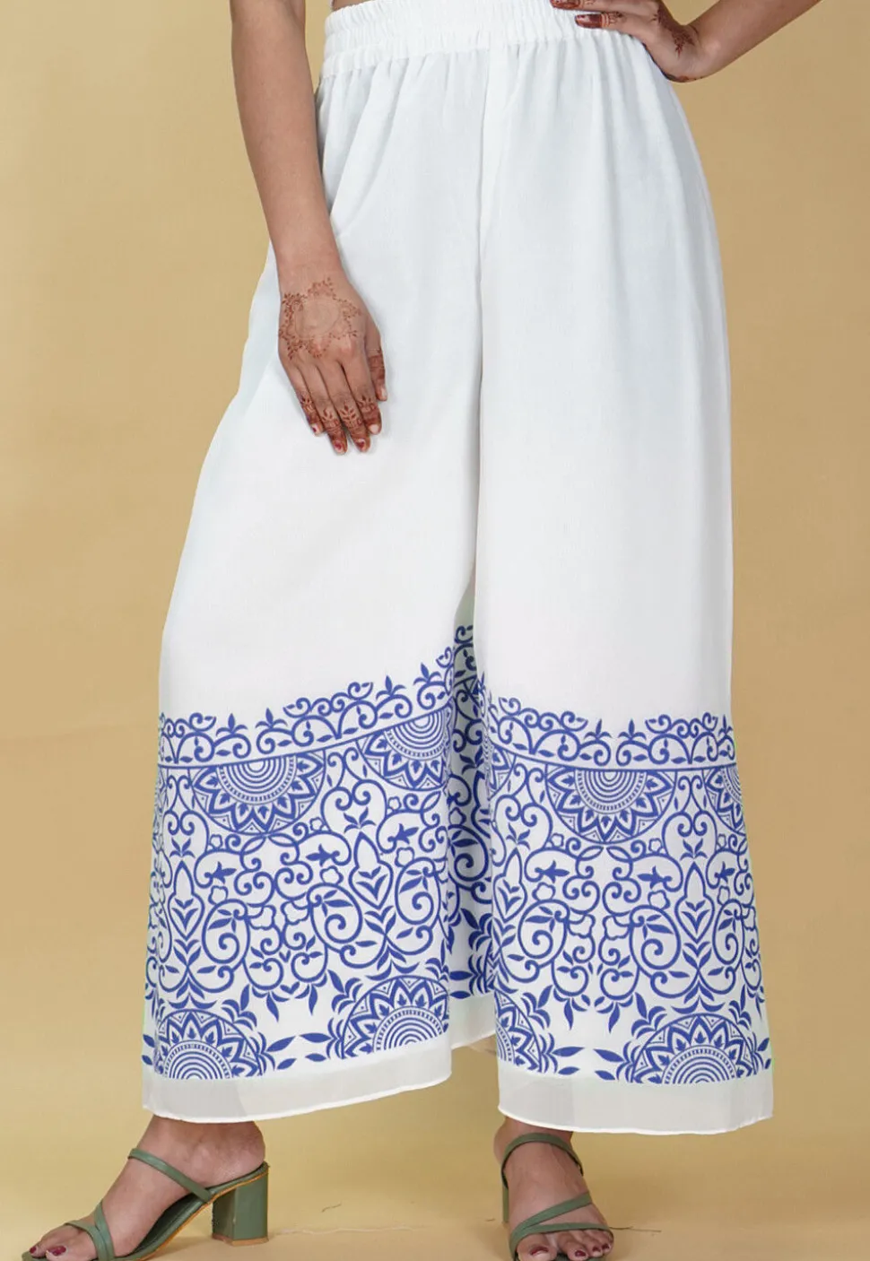 Block Printed Georgette Palazzo in White