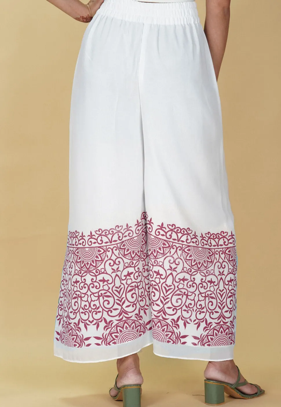 Block Printed Georgette Palazzo in White