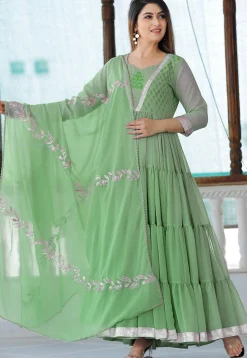Block Printed Georgette Tiered Abaya Style Kameez in Dusty Blue