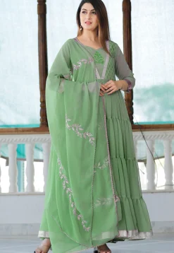 Block Printed Georgette Tiered Abaya Style Kameez in Dusty Blue