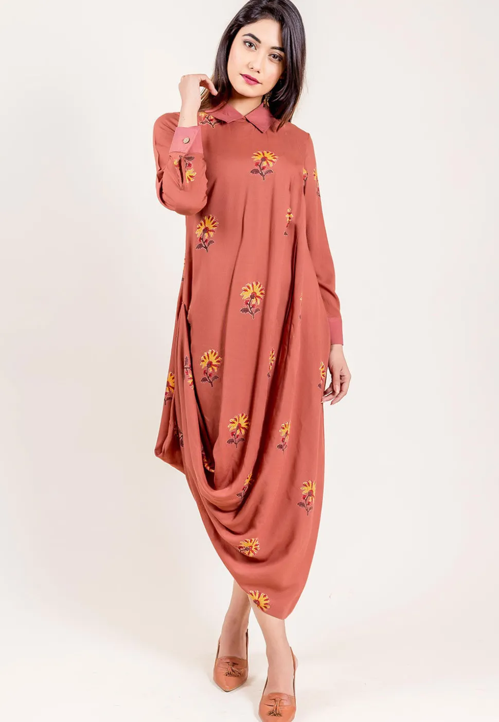 Block Printed Modal Satin Cowl Style Kurta in Rust