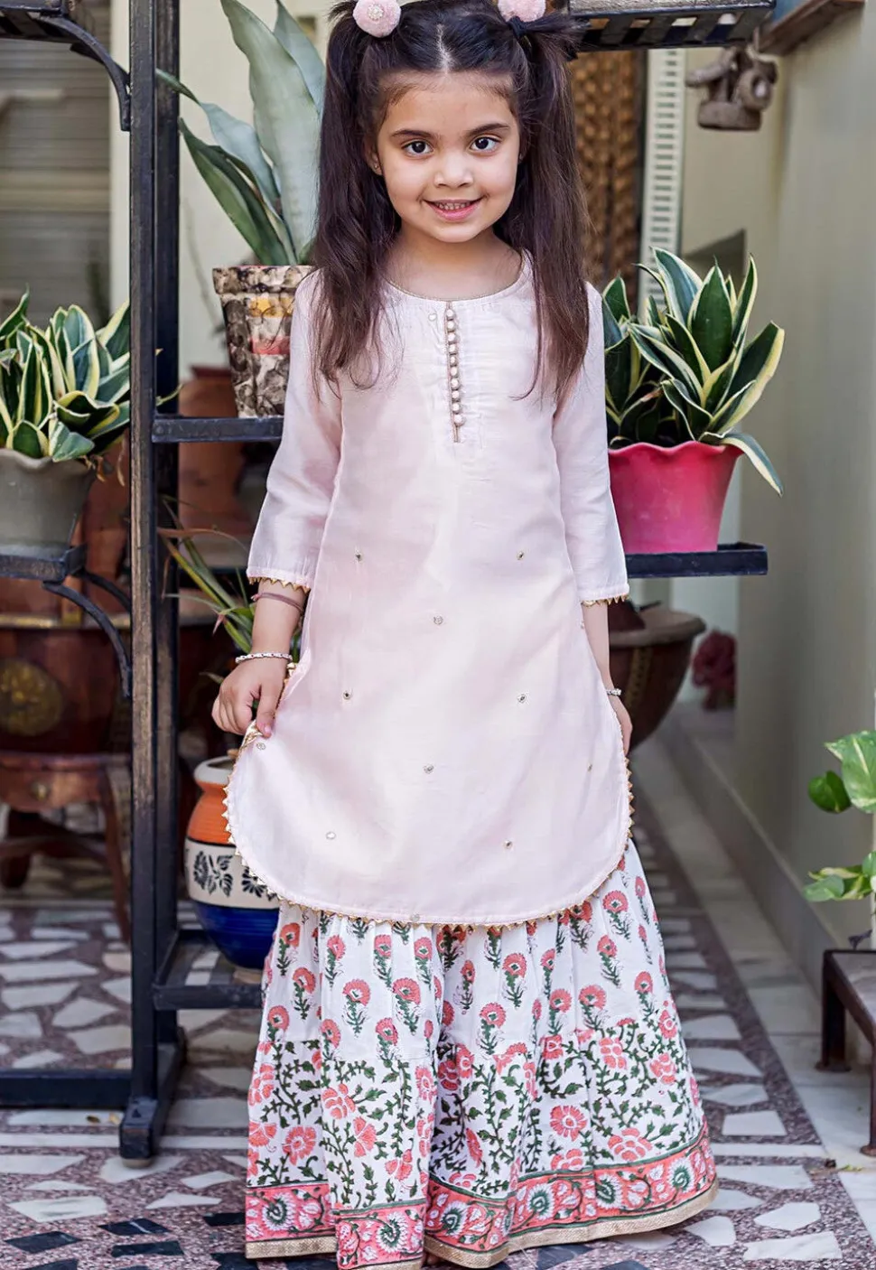 Block Printed Pure Chanderi Silk Straight Kurta Set in Peach