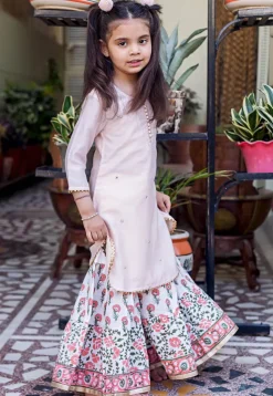 Block Printed Pure Chanderi Silk Straight Kurta Set in Peach