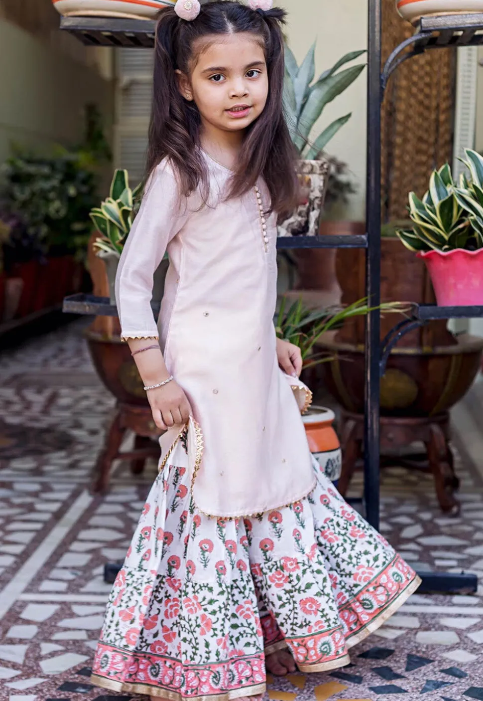 Block Printed Pure Chanderi Silk Straight Kurta Set in Peach