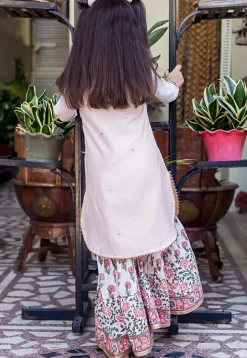 Block Printed Pure Chanderi Silk Straight Kurta Set in Peach