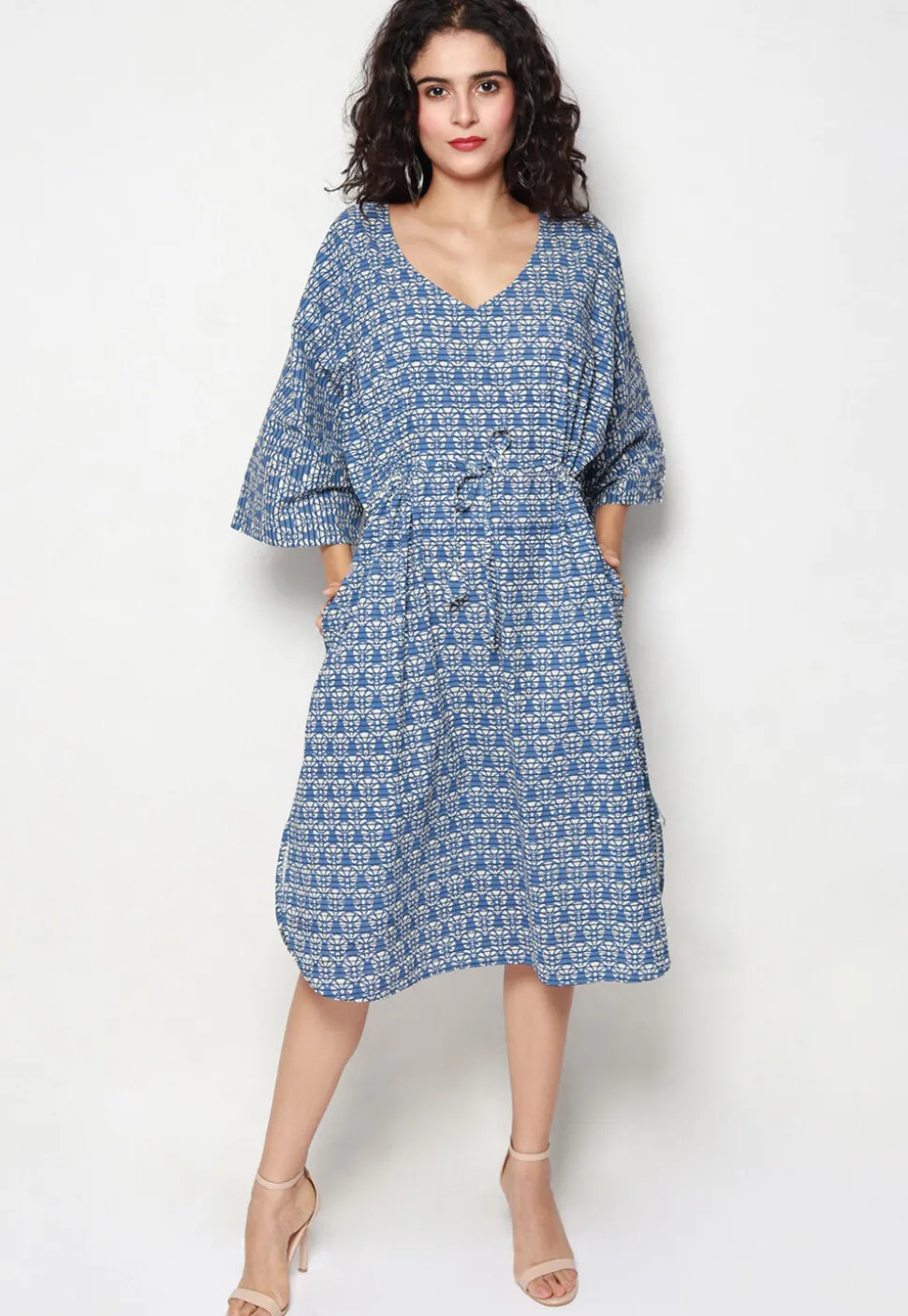 Block Printed Pure Cotton Clinged Waist Dress in Blue